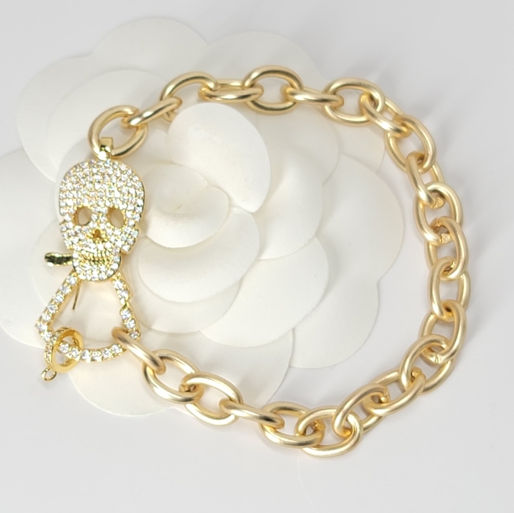 Bling Skull Pave CZ Gold Chain Bracelet NEW - Picture 6 of 10